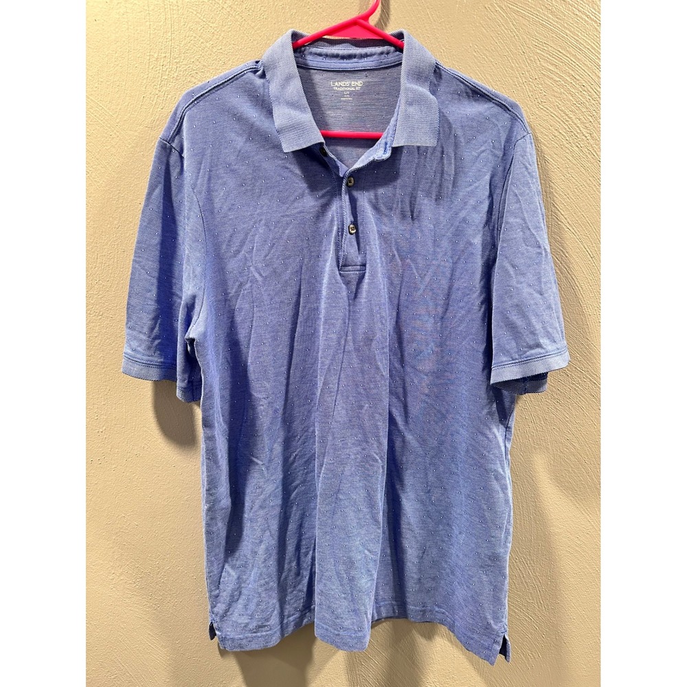 Lands End Mens Blue Micro Pattern Short Sleeve Polo Shirt Traditional Fit L Tall